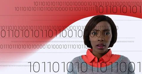 Binary coding data processing over portrait of businesswoman against red Foto stock