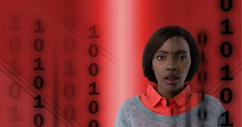 Binary coding data processing over portrait of businesswoman against red 스톡 사진