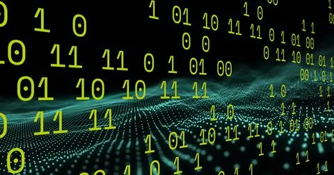 Binary coding data processing over green digital wave floating against black Stock Photos