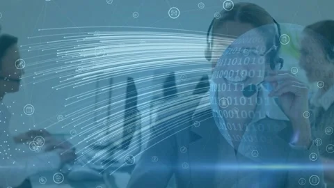 Binary coding on globe and light trails against female customer care executive Video stock 158687609