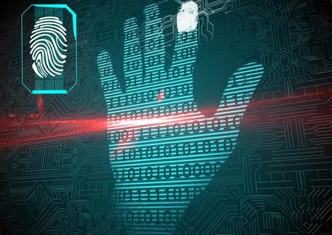 Binary coding over human hand print against microprocessor connections on blue 스톡 사진