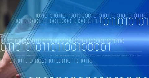 Binary coding over mid section of worker worker in server room against blue Stock Photos