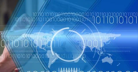 Binary coding over mid section of worker worker in server room against blue Stock Photos