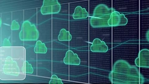 Binary column starting clouds clustering, neon lines linking overlays, waves Video stock 335732119