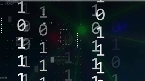 Binary columns animating after data pulse, dropping, multiplying, and fading to Stock Footage 334337634