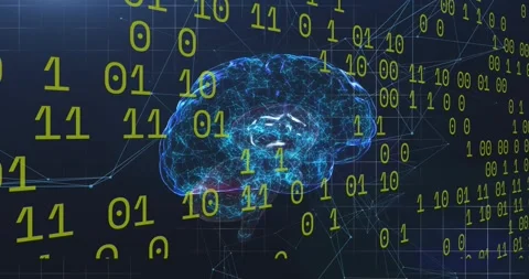 Binary columns appearing, 3D brain rotating, pulsing, wireframe mesh shifting, Stock Footage 328485972