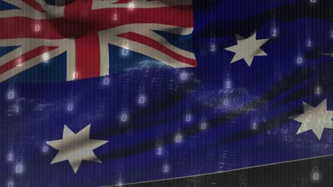 Binary columns appearing over canton sparking digital rain, Aussie flag rippling Stock Footage 320650599