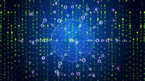 Binary columns cascading starting blue mesh sphere pulsing rotating linking Stock Footage 334337661