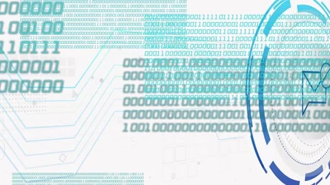 Binary columns expanding, circular HUD growing, scanning, circuit lines linking Stock Footage 335732064