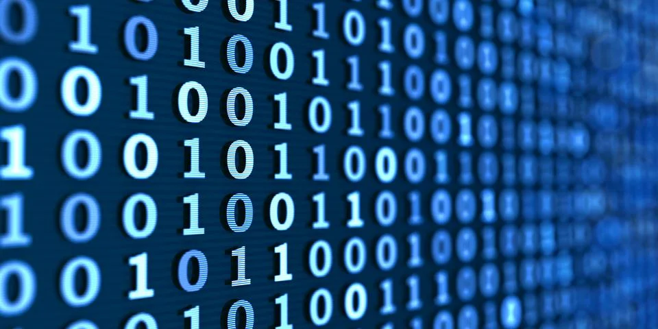 Binary computer code, blue, wide background. 3d illustration Stock Illustration