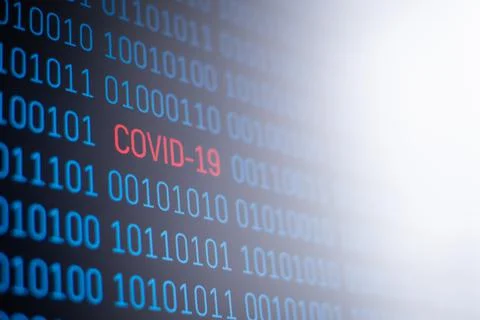 Binary computer code with red inscription Covid-19 Stock Photos