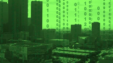 Binary computer code scrolling of the Los Angeles skyline Stock Footage 102875791