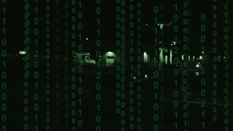 Binary computer code scrolls over an approaching commuter train Video stock 102692382