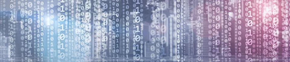 Binary computer code virtual city skyline. Matrix Mixed Media Background. Stock Illustration