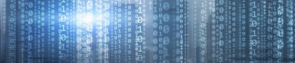 Binary computer code virtual city skyline. Matrix Mixed Media Background. Stock Illustration