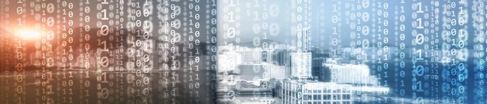 Binary computer code virtual city skyline. Matrix Mixed Media Background. Stock Photos