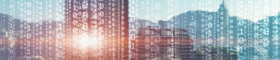 Binary computer code virtual city skyline. Matrix Mixed Media Background. Stock Photos
