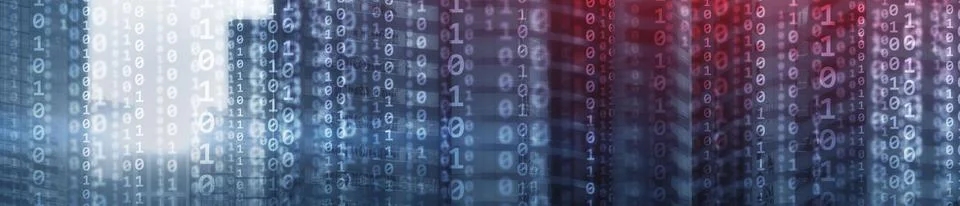 Binary computer code virtual city skyline. Matrix Mixed Media Background. Stock Photos