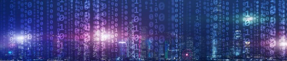 Binary computer code virtual city skyline. Matrix Mixed Media Background. Stock Photos