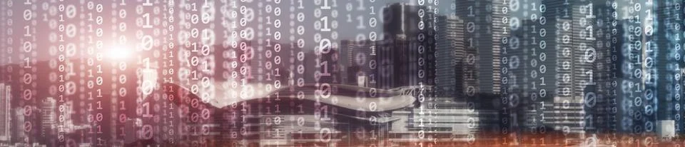 Binary computer code virtual city skyline. Matrix Mixed Media Background. Stock Photos