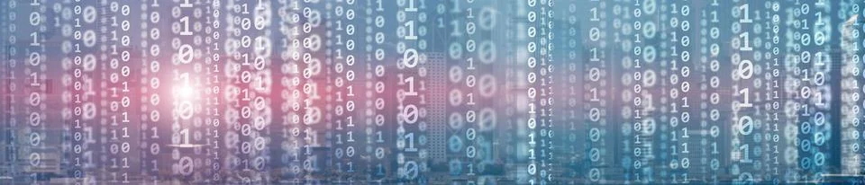 Binary computer code virtual city skyline. Matrix Mixed Media Background. Stock Photos