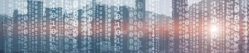 Binary computer code virtual city skyline. Matrix Mixed Media Background. Stock Photos