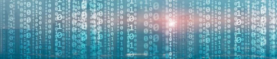 Binary computer code virtual city skyline. Matrix Mixed Media Background. Stock Photos