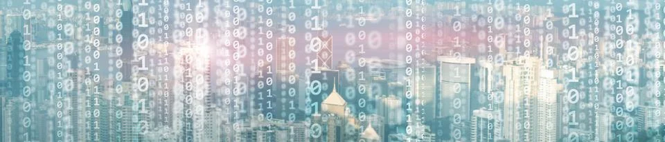 Binary computer code virtual city skyline. Matrix Mixed Media Background. Stock Photos