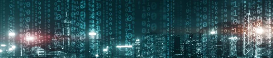 Binary computer code virtual city skyline. Matrix Mixed Media Background Stock Photos