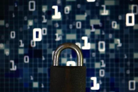 Binary computer language matrix blurred be hide an iron Padlock. sign of comp Stock Photos