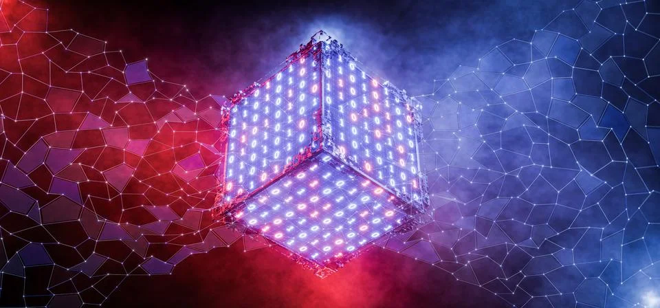 Binary cube in the cloud. Artificial intelligence. Data storage in a cloud .. Stockillustratie