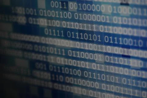 Binary data code. side way motion of one and zero text moving on computer mon 스톡 사진