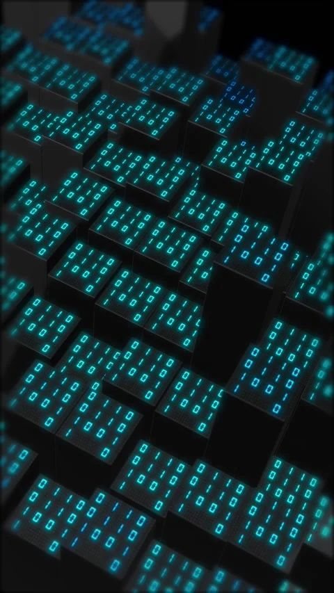 Binary data cube city background black blocks, glowing cyan digits, and futurist Stock Footage 340565315