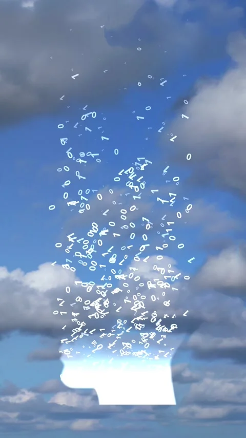 Binary Data Draining from Artificial Intelligence Human Head on cloud Background Stock Footage 338192262