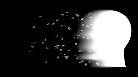 Binary Data Draining from Artificial Intelligence Human Head on Black Background Stock Footage 338192285