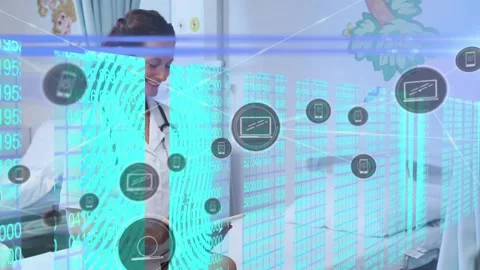 Binary data, fingerprint, icons connecting with lines over caucasian doctor Stock Footage 328931274