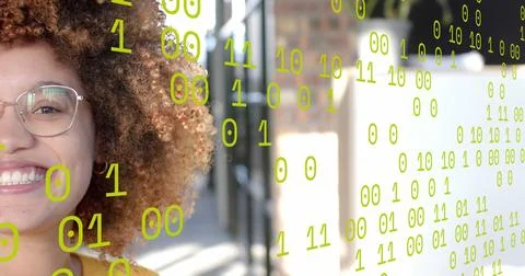 Binary data processing over half portrait of happy casual businesswoman in Stock Photos