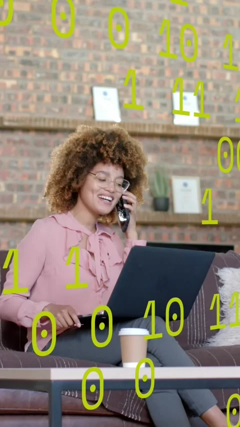 Binary data processing over happy casual businessman having phone call in office Видео 323782907