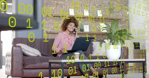 Binary data processing over happy casual businessman having phone call in office Stock Photos