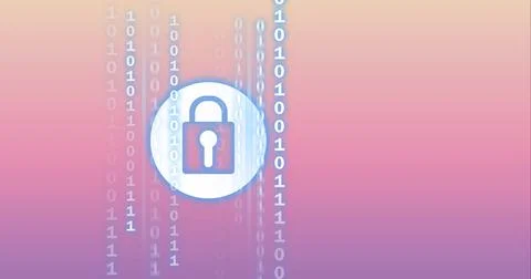 Binary data processing over security padlock icon against pink and purple Illustrazione stock