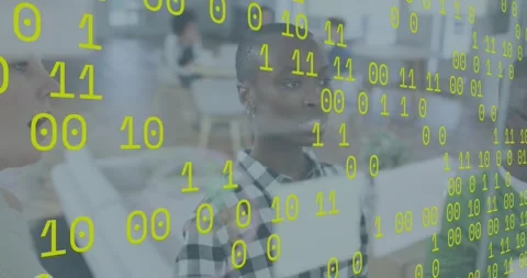 Binary data scrolling board sparking tech training with mentor guiding student 스톡 동영상 327849359