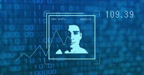 Binary data stream flowing into profile pane, pixel avatar updating biometric Stock Illustration