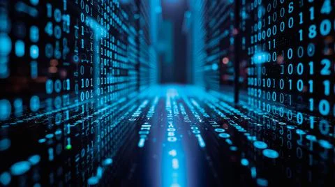 Binary data stream glowing in dark environment, futuristic matrix of ones a.. Foto stock