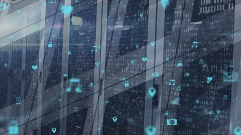 Binary data streaming initiating cyan icons filling glass facade, visualizing Stock Footage 332577700