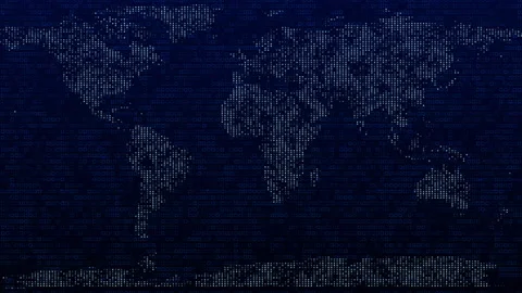 Binary Data Streams and Network Grid with Futuristic Digital World Map Stock Footage 338376085