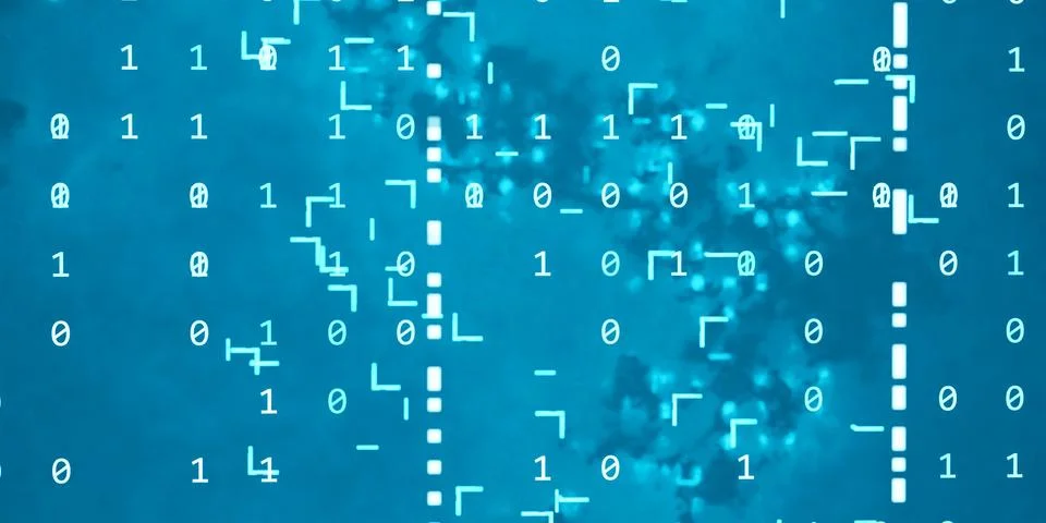 Binary data symbolized by numbers zero and one with random code in blue glowing Stock Illustration
