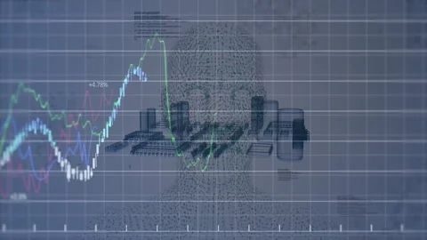 Binary-digit head floating on pale blue grid, showing colored line graphs and Stock Footage 309285103