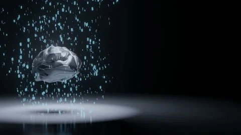 Binary digit numbers floating through cybernetic brain. Seamless loop. Stockbeeldmateriaal 132933464