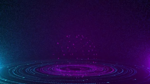 Binary digital data arena glowing cyan and magenta rings, falling numbers Stock Footage 333978611
