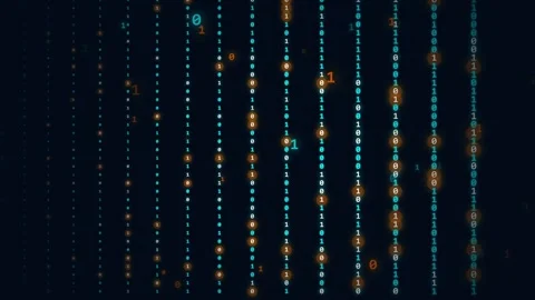 Binary digits 1 and 0. Abstract binary data stream with glowing blue and orange Stock Footage 341838325